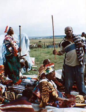 Zulu men give an example of stick fighting at Shakaland, KwaZulu